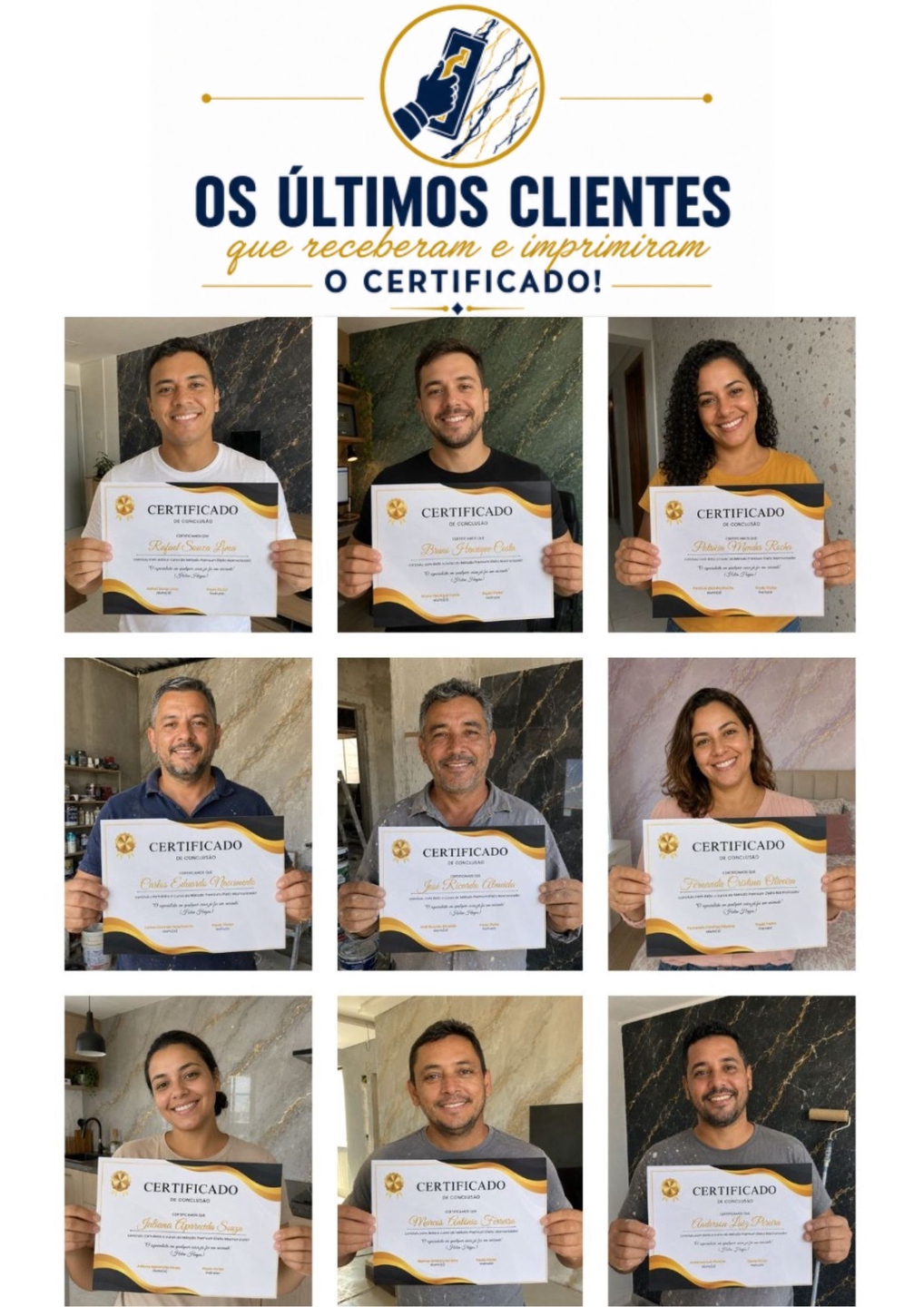 Alunos do curso Efeito Mármore segurando seus certificados de conclusão